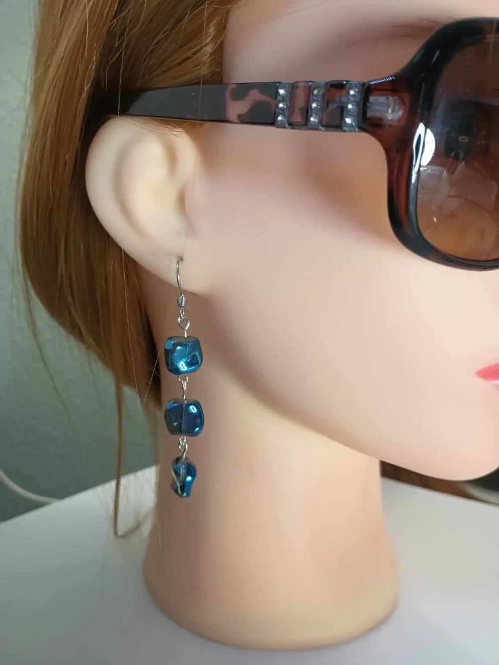 Deep Blue Iridescent 3 Bead Dangle Earrings - Picture 2 of 3